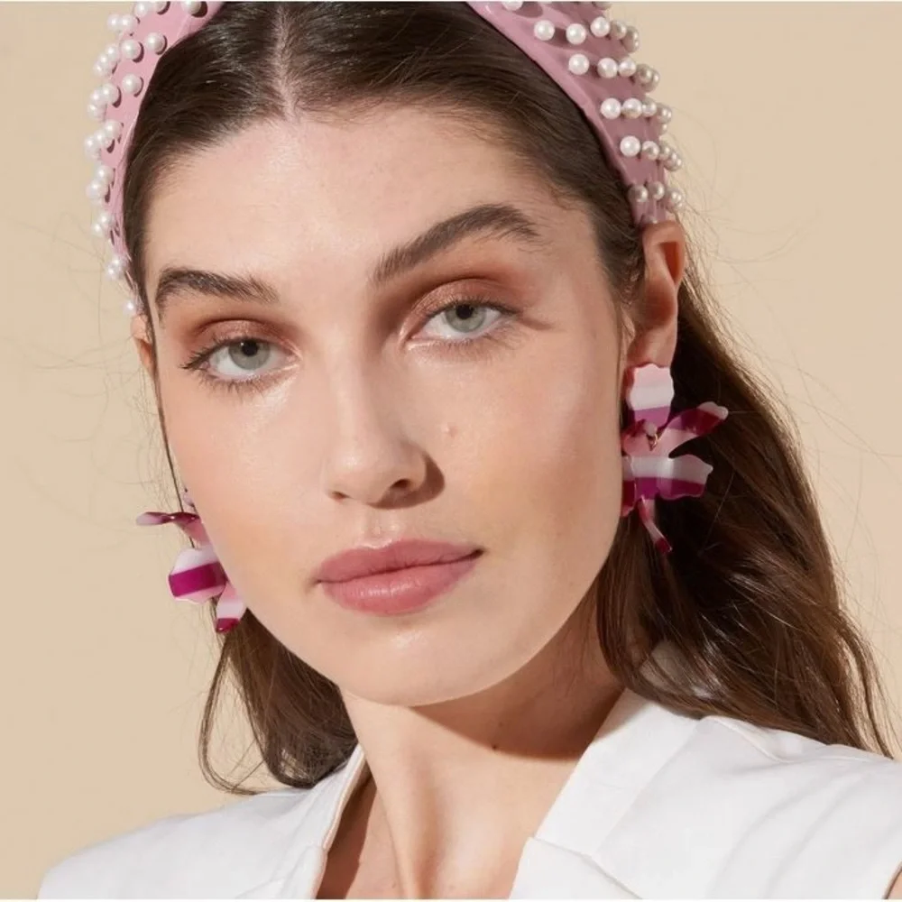 Lele Sadoughi Paper Lily Flower Acetate Hand Swirl Burgundy Stripe Earrings EUC
